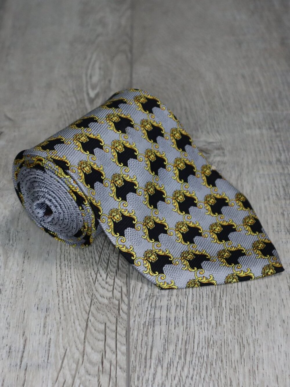 Gianni Versace Silk Tie Gray Black Gold Medusa Baroque Pattern - Flawed